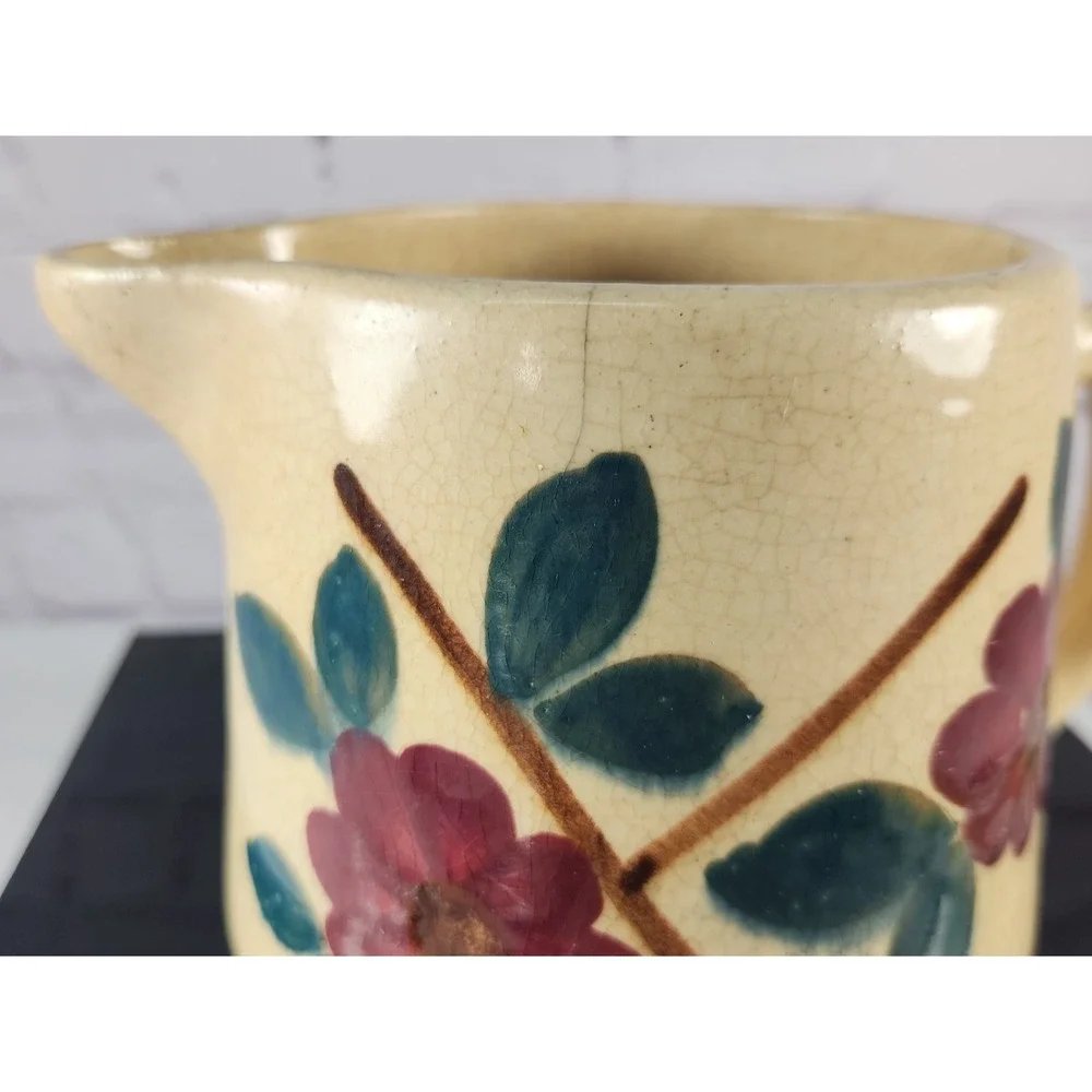 Vintage Yellow Ware Pottery Pitcher with Flowers Farmhouse Rustic Chic
